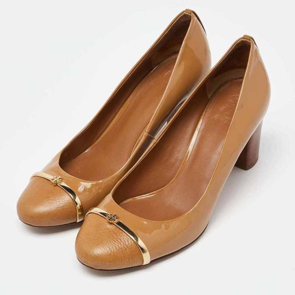 Tory Burch 9.5 Beige Patent Leather Block Heel Pumps